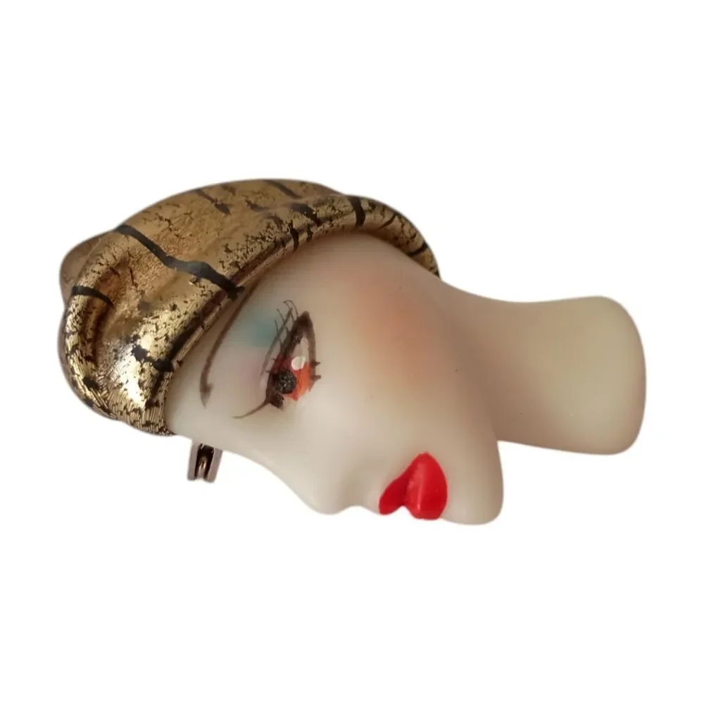 Lady Head Brooch Harlequin Cloche Wrap Hat Art Deco Flapper Acrylic Vintage 90s.
